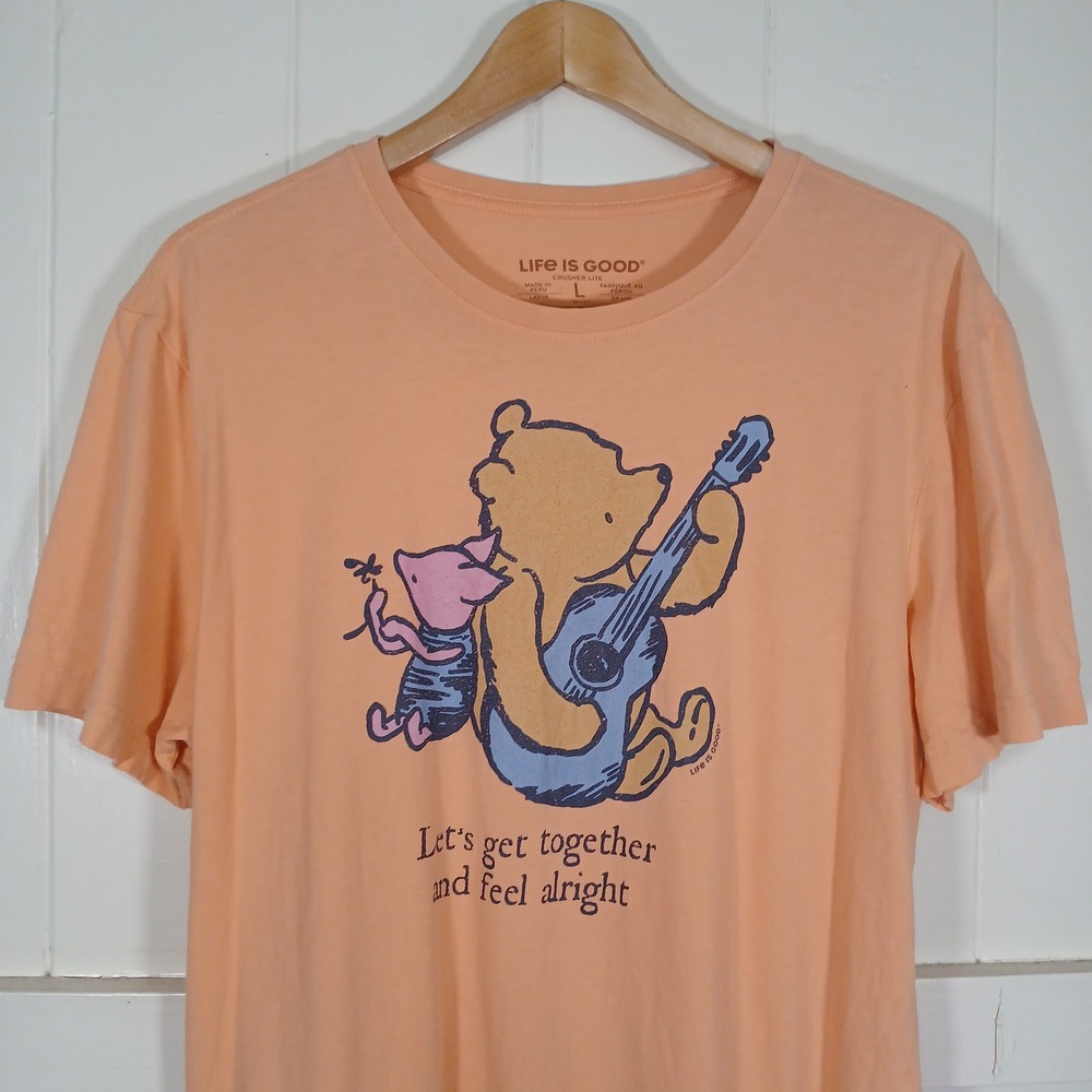 Life is Good T-Shirt Mens L Orange Winnie the Pooh Piglet Feel Alright Graphic